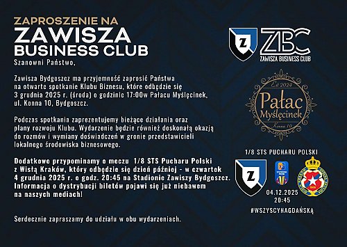 Zawisza Business Club zaprasza na otwarte spotkanie w Pałacu Myślęcinek