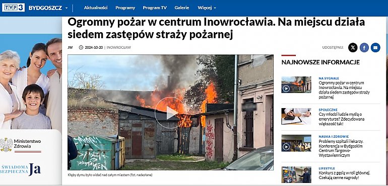 TVP3 Bydgoszcz alarmuje: Ogromny pożar w centrum Inowrocławia