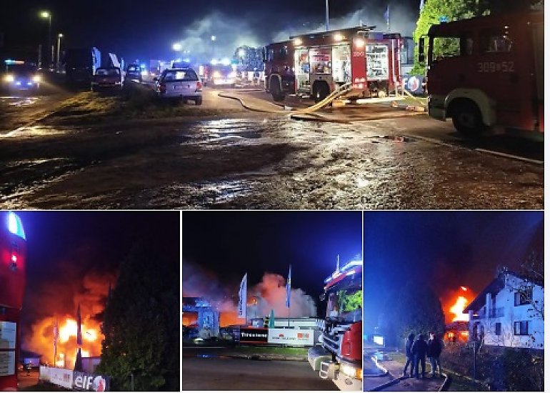 Nocny pożar w Kotomierzu. Z wielkim ogniem walczą liczne zastępy strażaków