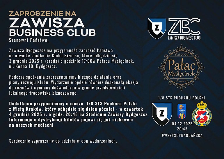 Zawisza Business Club zaprasza na otwarte spotkanie w Pałacu Myślęcinek