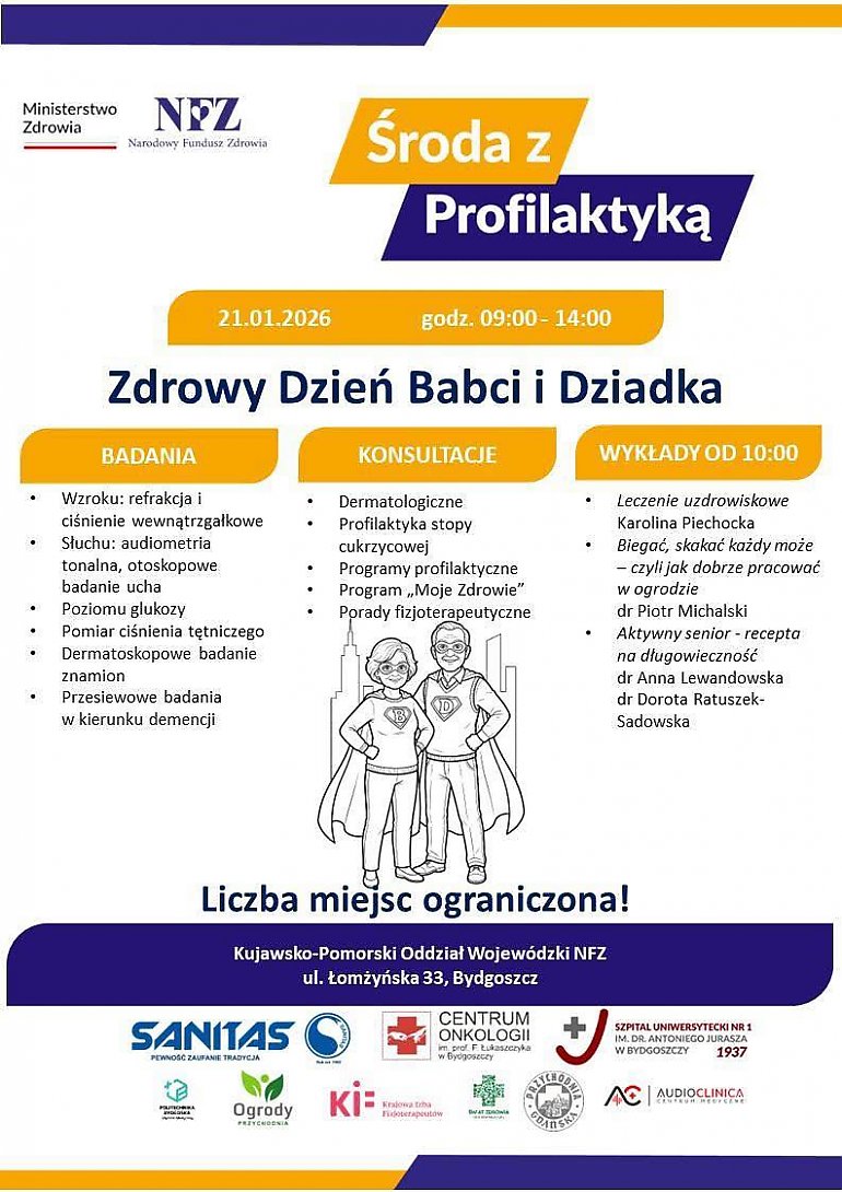 Zdrowy Dzień Babci i Dziadka! Jutro bydgoski oddział NFZ zaprasza na bezpłatne badania